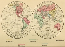 Mapa mundial de 1883, dividido por colores que representan a cristianos, budistas, hindúes, musulmanes y fetichistas (que otorgan atributos sobrenaturales a objetos o “fetiches”). Fuente: Wikimedia Commons.