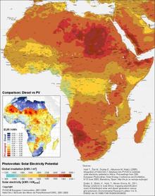 Mapa de África que muestra el potencial de la energía eléctrica en el continente, y compara los costes de la generación de electricidad con tecnología fotovoltaica y diesel. Fuente: JRC.   