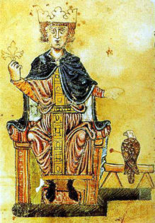 Federico II y su halcón, del libro De arte venandi cum avibus, de la Biblioteca Vaticana. Fuente: Wikimedia Commons.