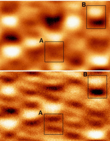 Imágenes de microscopía de fuerzas magnéticas de la misma zona de un disco duro donde se observan cinco pistas que han sido obtenidas con el modo convencional (imagen superior) y con el nuevo modo torsional (imagen inferior). Fuente: CSIC.