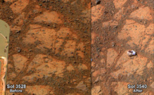 Las imágenes obtenidas por Opportunity, con 13 días de diferencia, o 12 'soles'. Un sol es el día marciano, que dura 24 horas, 39 minutos y 35,244 segundos. Fuente: NASA.