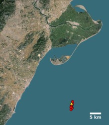 Mapa de la localización precisa (círculos) de los once mayores terremotos (con magnitudes entre 3.3 y 4.3), en las proximidades de la plataforma del Proyecto Castor (triángulo), al sur del Delta del Ebro. Fuente: SINC.