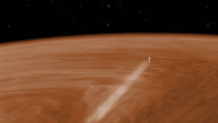 Visualización del aerofrenado de Venus Express sobre Venus. Imagen: C. Carreau. Fuente: ESA.