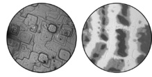 Imagen de superficie de la magnetita adquirida con electrones (izquierda) y de sus dominios magnéticos iluminando con rayos-X (derecha).  Fuente: CSIC.