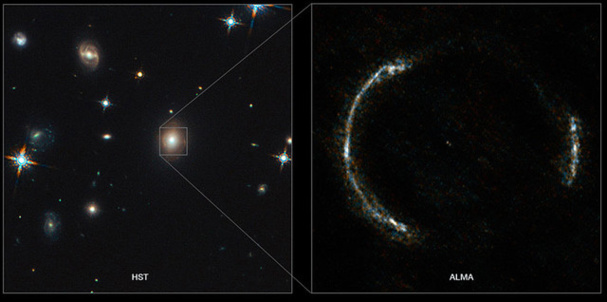 Composición del anillo de Einstein de SDP.81 y de la galaxia observada a través de la lente gravitatoria. Fuente: ESO.