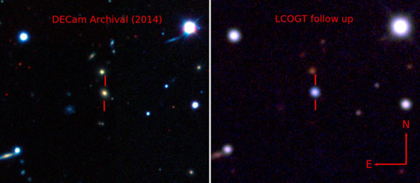 Comparación en falso color del antes y el después de la gran explosion estelar. Imagen: Benjamin Shappee. Fuente: Sinc.