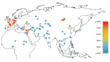 Representación del origen geográfico y antigüedad de los restos de perros arqueológicamente más antiguos en Eurasia. Imagen: Frantz et al. Fuente: Sinc.