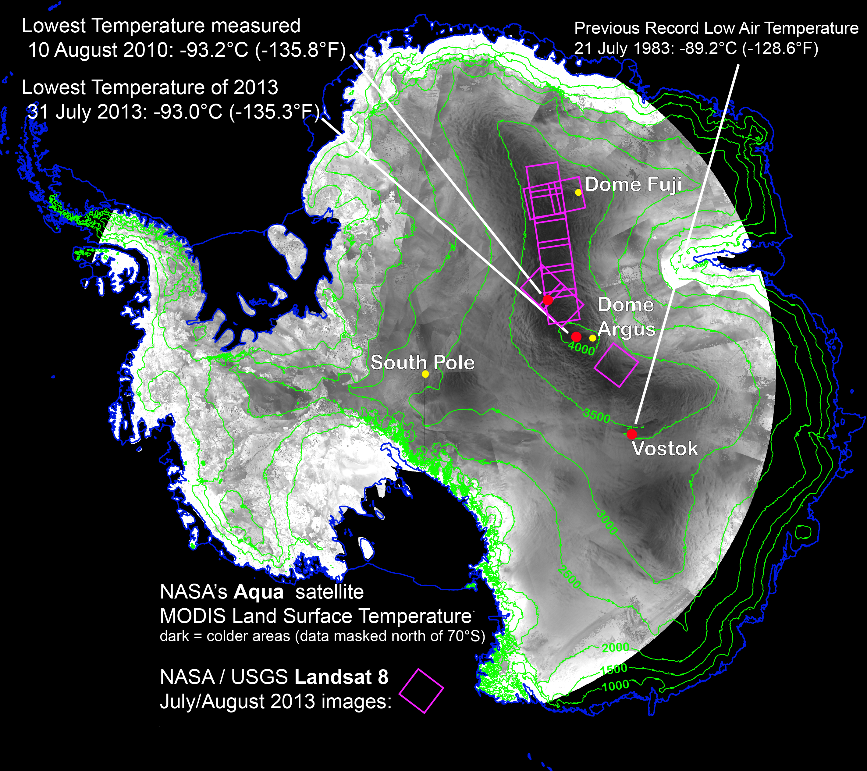 Mapa térmico de la Antártida. Los puntos rojos son los del récord de frío. Los grises más oscuros representan temperaturas más frías. Imagen: Ted Scambos. Fuente: NSIDC.