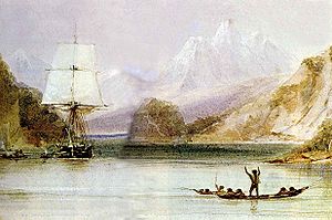 Una acuarela del dibujante de a bordo, Conrad Martens. Pintada durante la estancia en Tierra del Fuego, representa al HMS Beagle recibido por los nativos fueguinos. Fuente: Wikipedia.