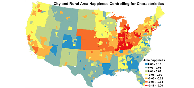 La felicidad por áreas en Estados Unidos. Fuente: Universidad de British Columbia.