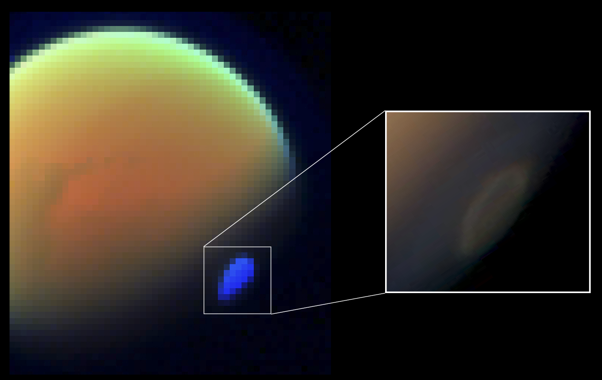 Mapa espectral de Titán. Fuente: NASA/JPL-Caltech/ASI/University of Arizona/SSI/Leiden Observatory & SRON.