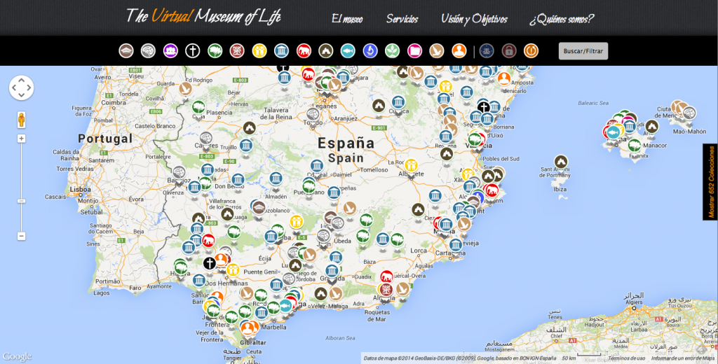 Mapa de los catálogos científicos de España. Fuente: The Virtual Museum of Life.