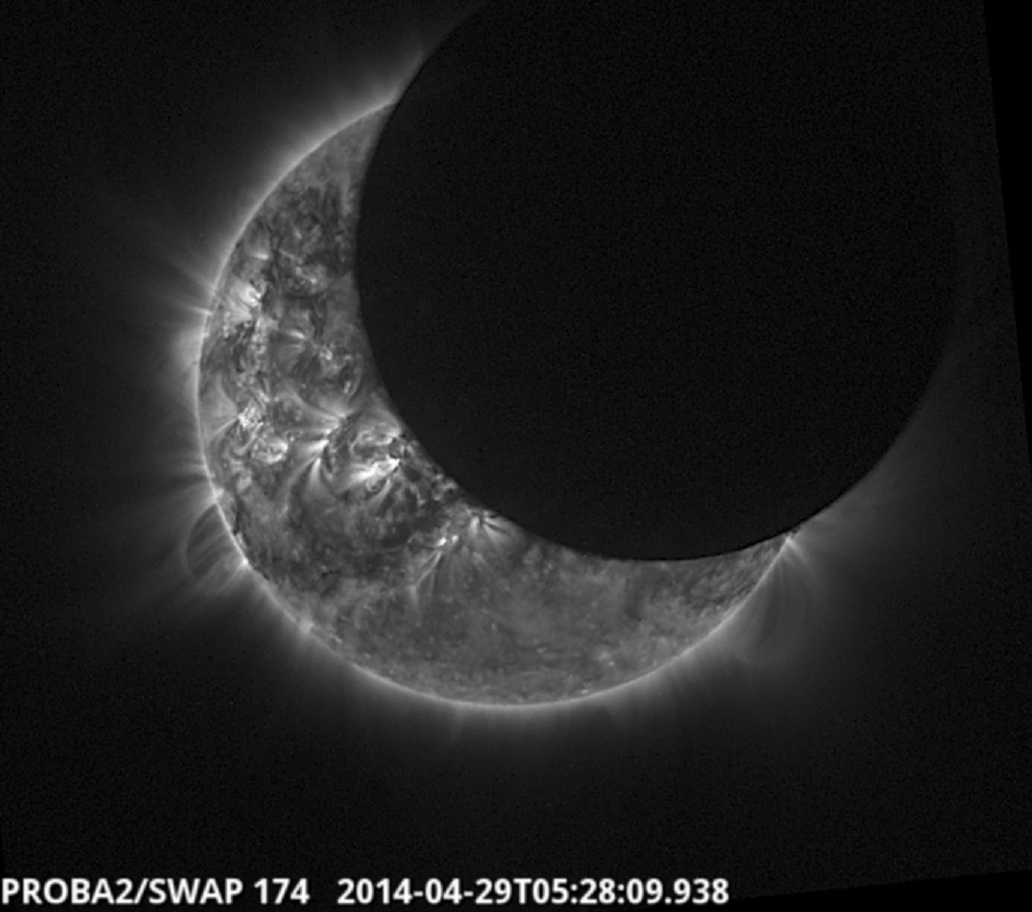 Eclipse solar parcial visto desde el espacio por el satélite Proba-2 de la Agencia Espacial Europea. Fuente: ESA.