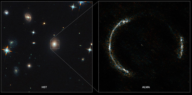 Composición del anillo de Einstein de SDP.81 y de la galaxia observada a través de la lente gravitatoria. Fuente: ESO.