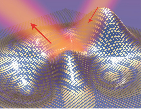 Ilustración en 3D de una capa de invisibilidad hecha de un manto ultrafino de nanoantenas (bloques de oro) que cubre un objeto de forma arbitraria. La luz se refleja (flechas rojas) como en un espejo plano. Imagen: Xiang Zhang et al. Fuente: Berkeley Lab/ UC Berkeley.