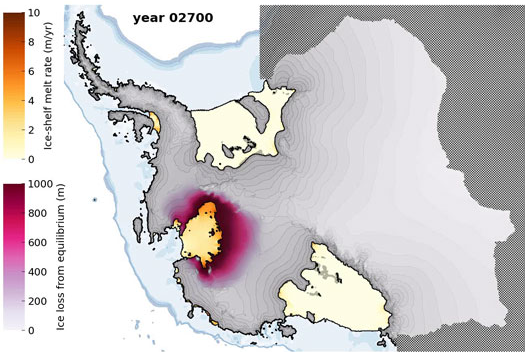 Nivel de deshielo de la capa de hielo de la Antártida occidental para el año 2700. Imagen: Feldmann et al. Fuente: PIK.