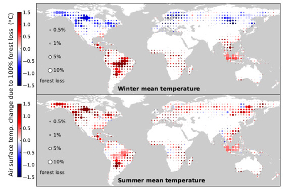 Mapa de las áreas afectadas en la década 2003-2012: temperaturas en invierno (arriba) y verano (abajo). Imagen: Alessandro Cescatti. Fuente: Sinc.