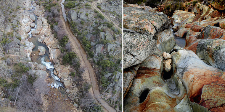 Fotografía aérea del río Truchillas (Truchas, León) y detalle de sus rocas volcánicas. Imagen: J. Fernández Lozano et al. Fuente: Universidad de Salamanca.