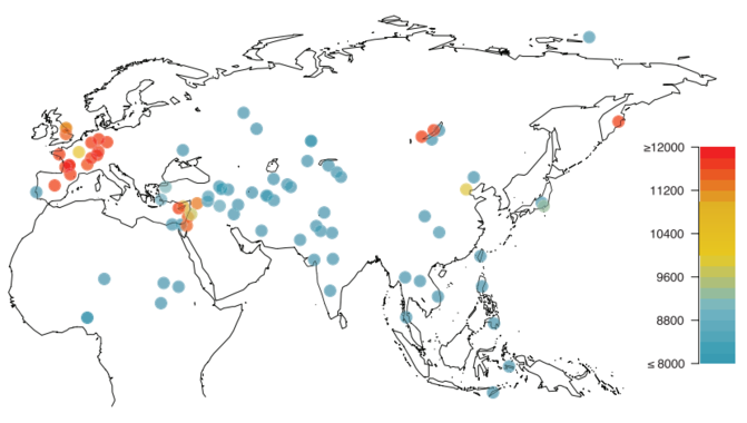 Representación del origen geográfico y antigüedad de los restos de perros arqueológicamente más antiguos en Eurasia. Imagen: Frantz et al. Fuente: Sinc.